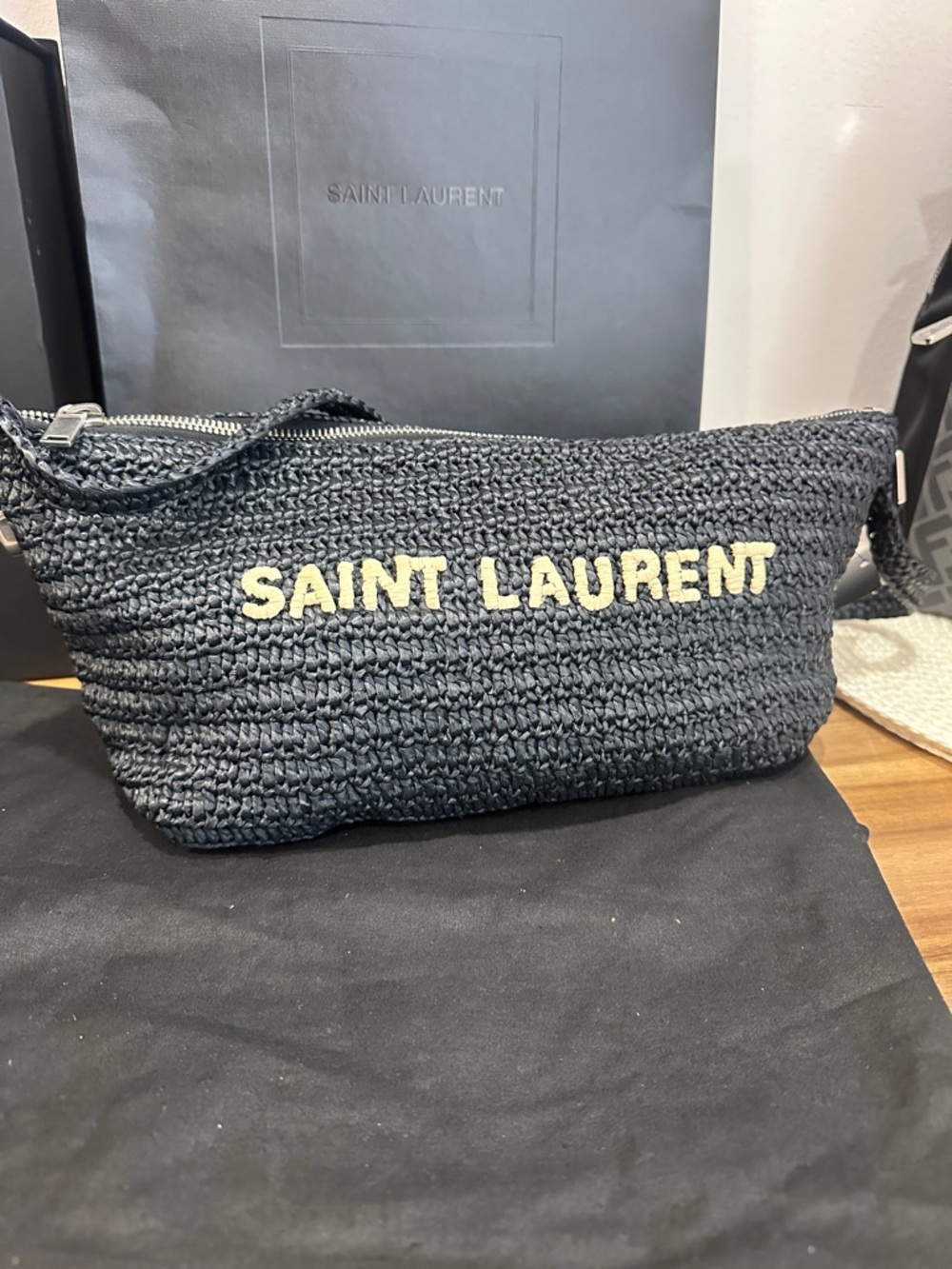 Saint Laurent Black Raffia Shoulder Bag with Contrast Cream Logo - Picture 7 of 16